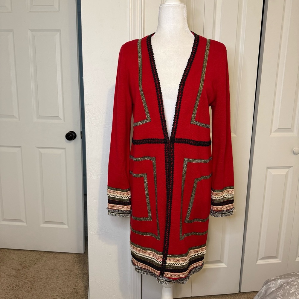 Chico's Cardigan Knit Sweater Womens Size 1 Medium Red Drama Trim Reba Boho Chic